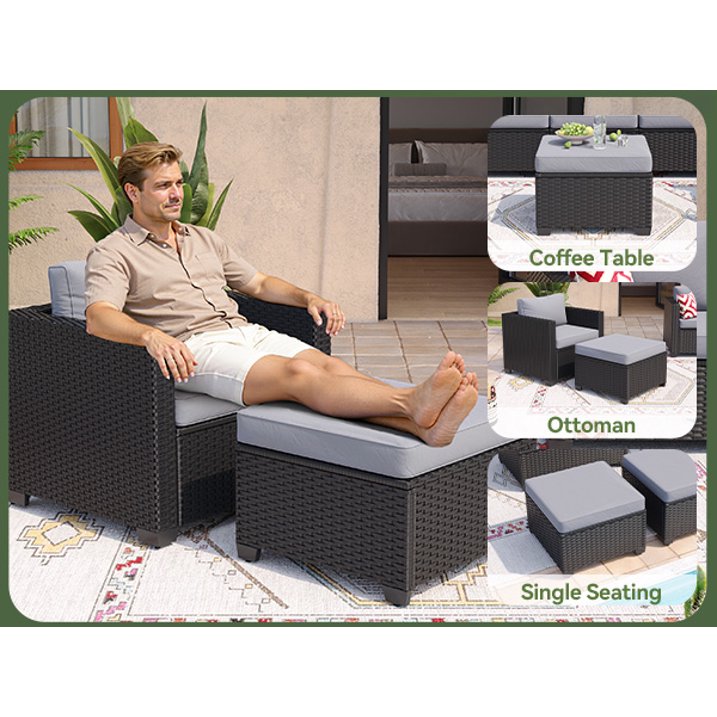 6 Piece Outdoor Wicker Patio Furniture Set, Rattan Sectional Sofa Sets with Grey Cushions