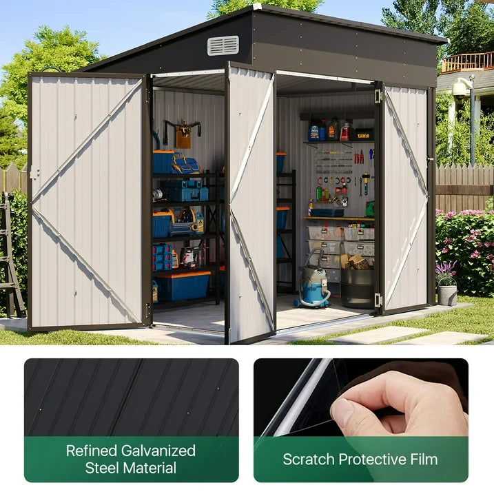 Clouddwell 8ft x 6ft Heavy-Duty Metal Storage Shed with 3 Doors, Lockable Lean-To Design, Weatherproof for Garden & Tools (Black)