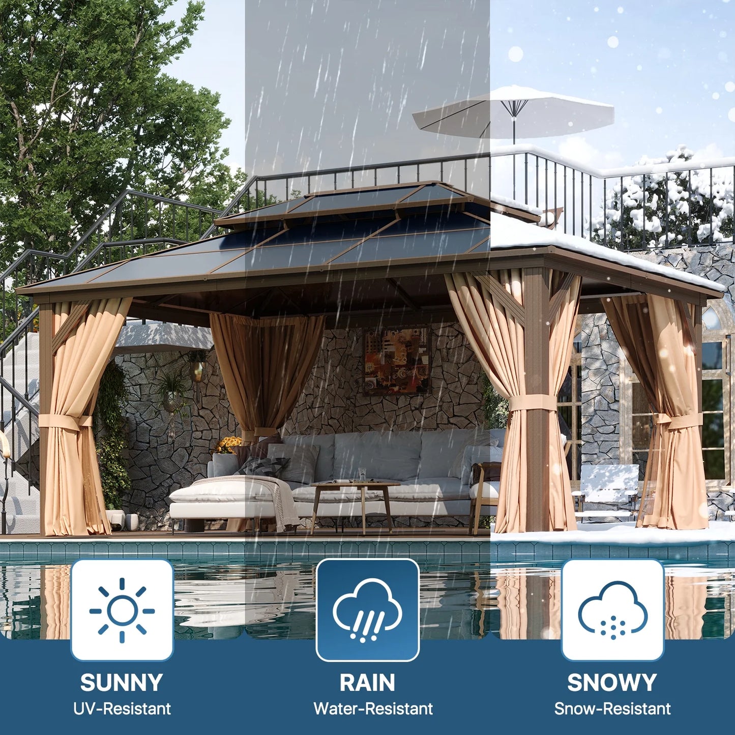 Sunmthink 12'x16' Hardtop Steel Gazebo - Durable Polycarbonate Double-Roof Design with Included Privacy Curtains & Bug Netting - Ideal for Gardens, Patios and Backyards (Brown)