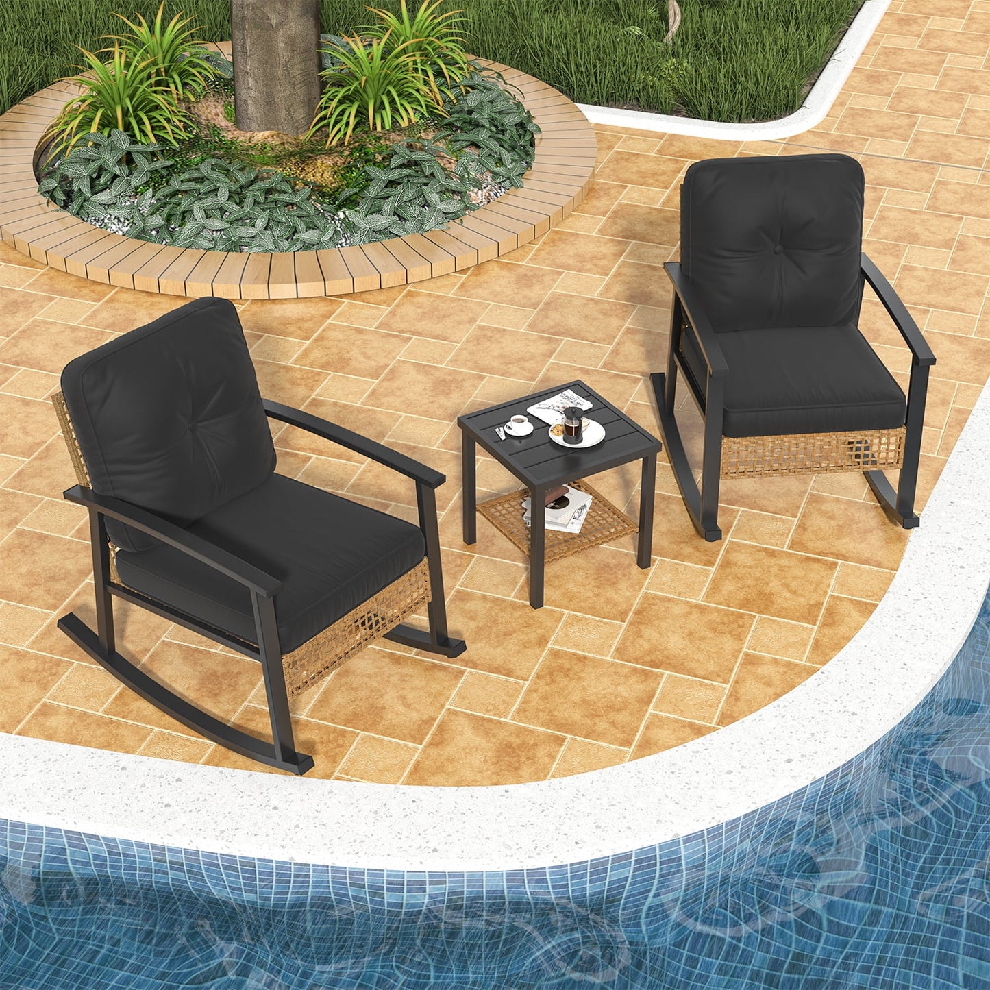 Clouddwell 3-Piece Patio Furniture Set,Steel Rocking Chair with Comfortable Cushions and Coffee Table.for Garden,Yard Black
