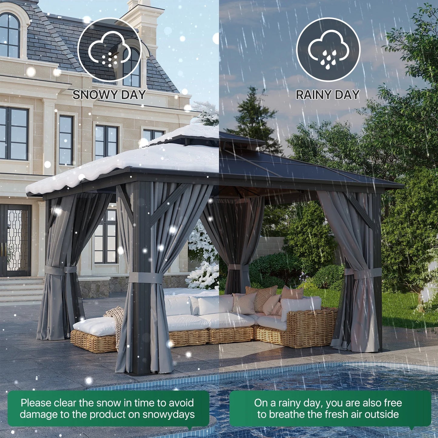 Clouddwell 12'x12' Hardtop Gazebo - Polycarbonate Double Roof with Netting & Curtains for Patio, Garden Sun Protection,Gray