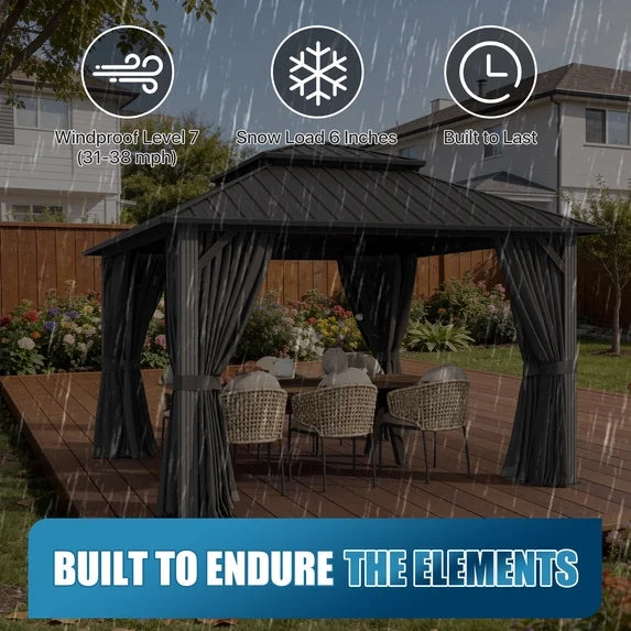 Sunmthink 12' x 12' Hardtop Gazebo with Mosquite Netting, Double Metal Roof for Lawn and Garden, Gray