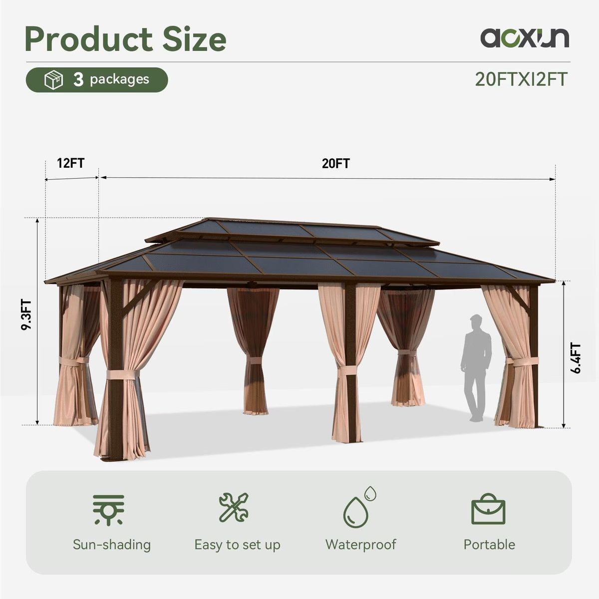 Aoxun 12 ft. x 20 ft. Hardtop Gazebo, Aluminum Frame Permanent Pavilion with Curtains and Netting, Outdoor Polycarbonate Double Roof Canopy, Designed for Garden, Lawns, Patio