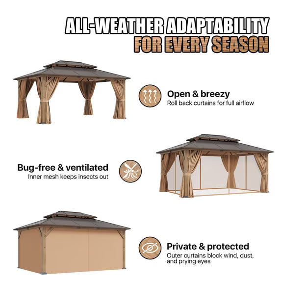 Clouddwell 12' x 16' Cedar Wood Hardtop Gazebo, Polycarbonate Double Roof, Outdoor Patio Gazebo for Backyard, Deck, Lawn & Garden