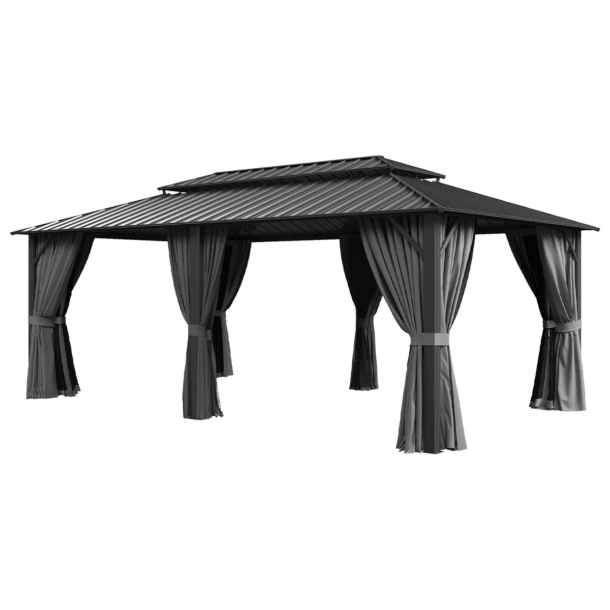 Sunmthink 12' x 20' Hardtop Gazebo with Mosquite Netting, Double Metal Roof for Lawn and Garden, Gray