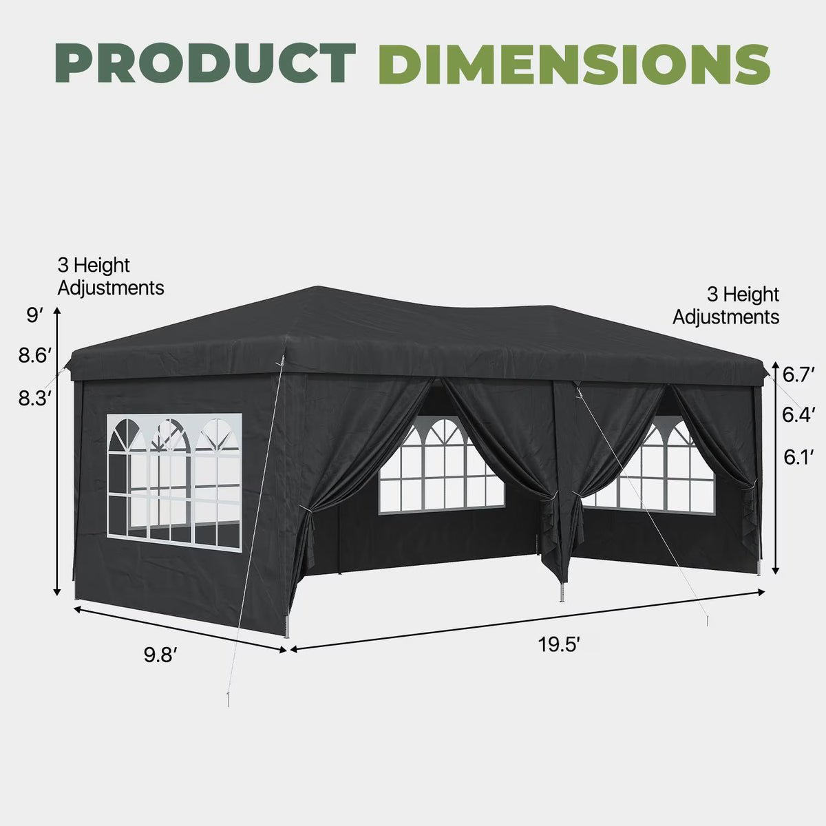Dateyes 10x20 Pop Up Canopy Tent, Waterproof Party Tent with 6 Removable Sidewalls, 3-Level Height Adjustable Event Tent, Instant Shelter for Wedding, Party, Commercial & Market Events, Black