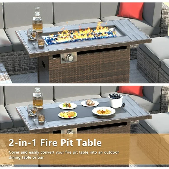 Aoxun 44" Outdoor Gas Fire Pit Table 60,000 BTU with Storage, Propane Fire Pit Table with Removable Lid & Waterproof Cover, for Outside Patio, Brown