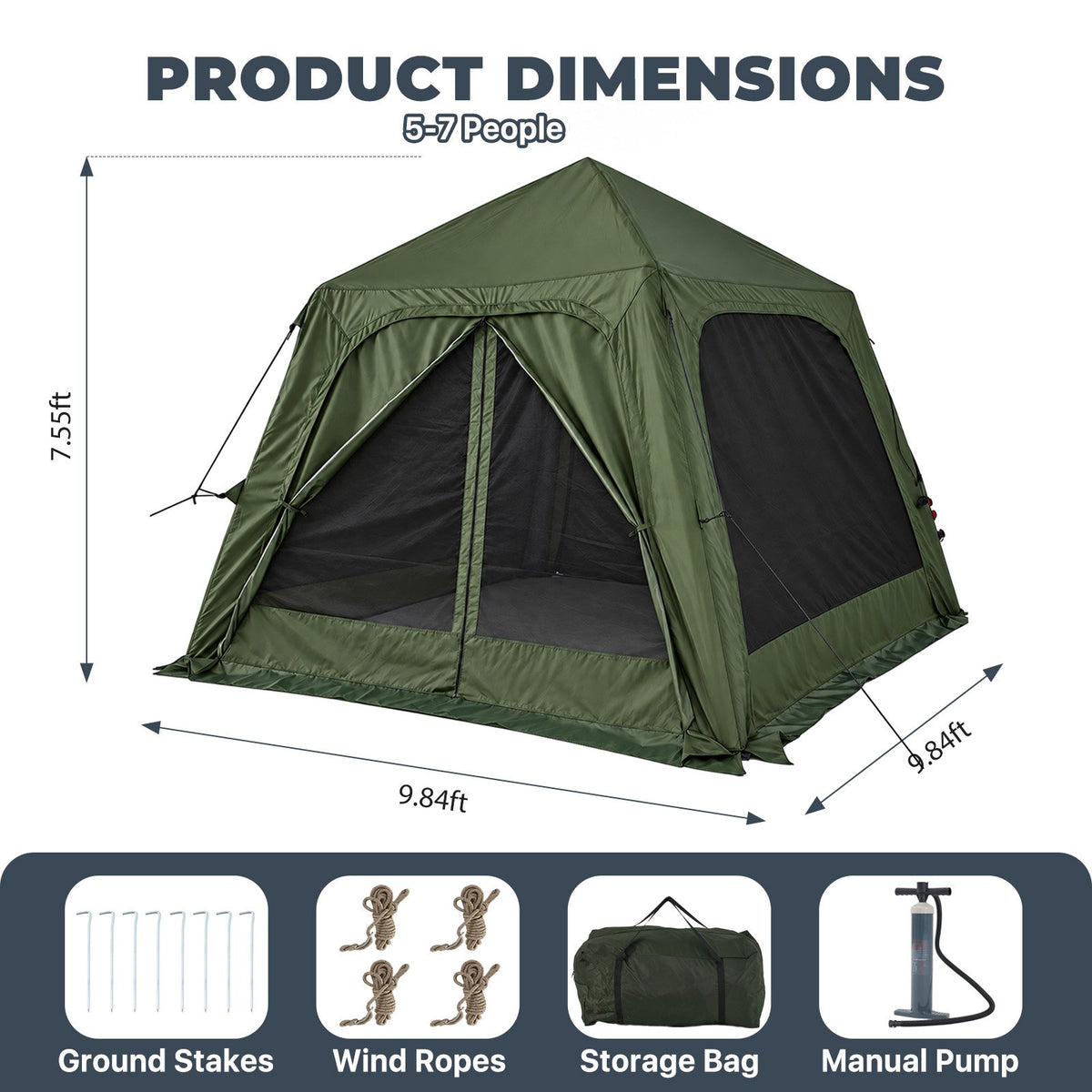 Dateyes Inflatable Camping Tent for 5-7 Person, Quick Blow-up Family Tent, Lightweight Portable Outdoor Shelter for Camping, Beach and Festivals, Green