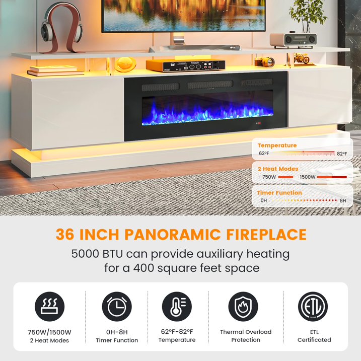 Sunmthink 70" Fireplace TV Stand, Modern Entertainment Center for TVs Up to 80”, TV Console with Storage Cabinets, Media Console for Living Room, white