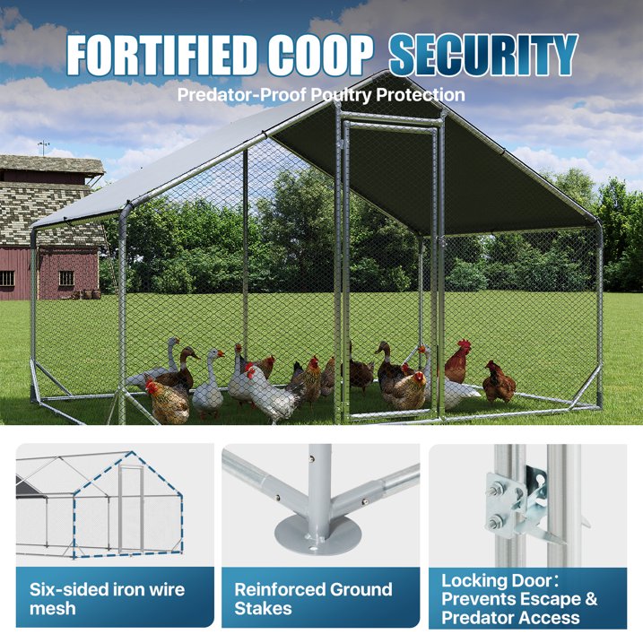 Sunmthink Heavy Duty Metal Chicken Coop Poultry Cage, Large Outdoor Yard Walk-in Enclosure with Waterproof Flat Roof Cover (9.8' L x 6.6' W x 6.4' H)