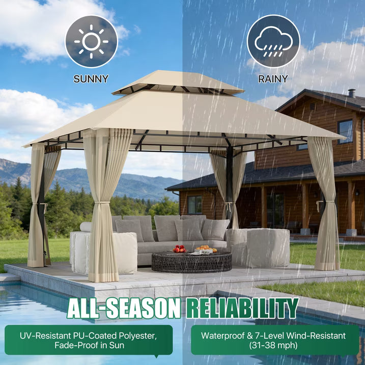 LazySunsets 12'x 10' Patio Gazebo Double Roof Protection All-Weather Outdoor Shelter Features Insect Screens for Backyard, Lawn, (Beige)