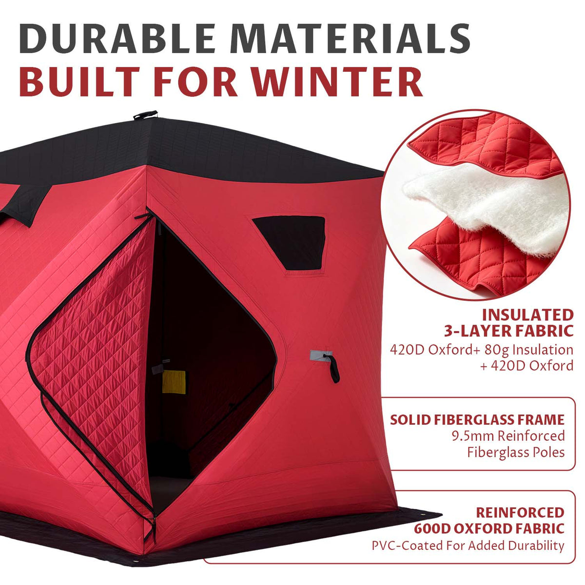 Dateyes Pop Up Ice Fishing Shelter, Insulated Ice Fishing Tent for 1-2 People, 420D Insulated Fabric, 60"x60"x65" 24 sq.ft Fishing Area, Red