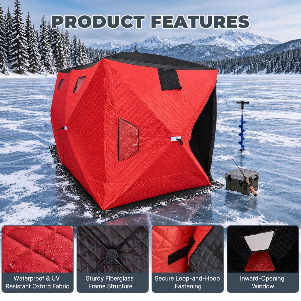 Dateyes Pop Up Ice Fishing Shelter, Insulated Ice Fishing Tent for 6-8 People, 420D Insulated Fabric, 150"x70"x78" 73 sq.ft Fishing Area, Red