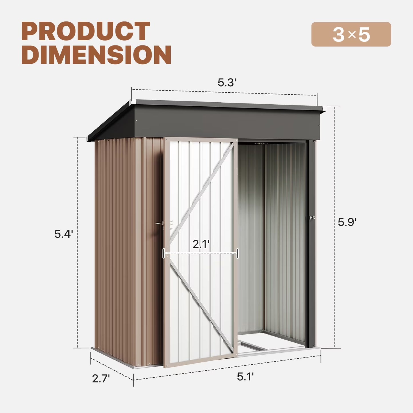 Clouddwell 5x3 ft. Metal Storage Shed with Base, Galvanized Steel Outdoor Garden Shed (Brown)