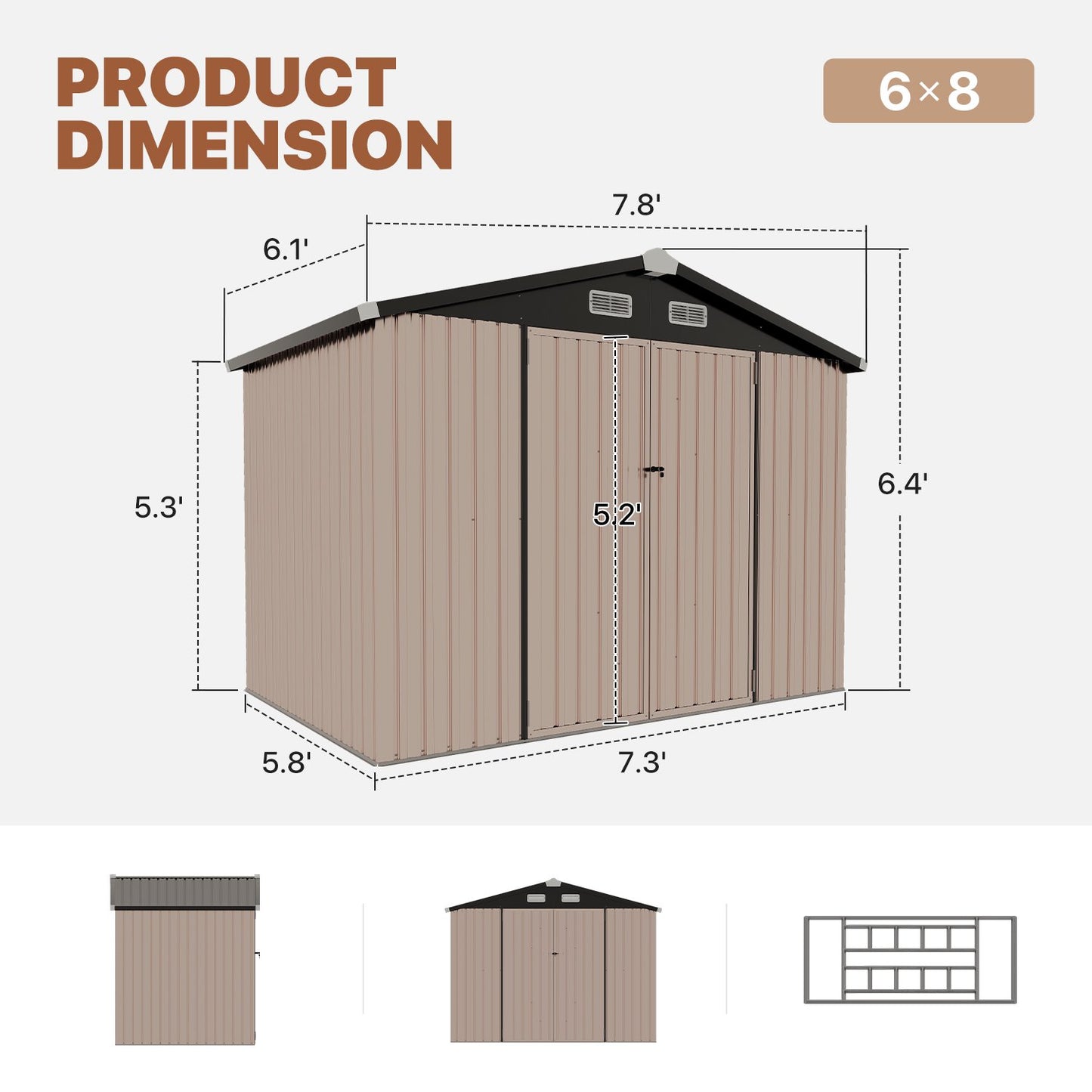 Clouddwell 8x6 ft. Metal Storage Shed with Base, Galvanized Steel Outdoor Garden Shed (Brown)