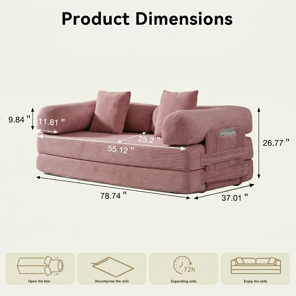 LazySunsets Sofa Bed Convertible Boneless Couch Corduroy Modular Couch Bed with Fixed-Shape Frame & Removable Armrests for Living Room, Bedroom Pink