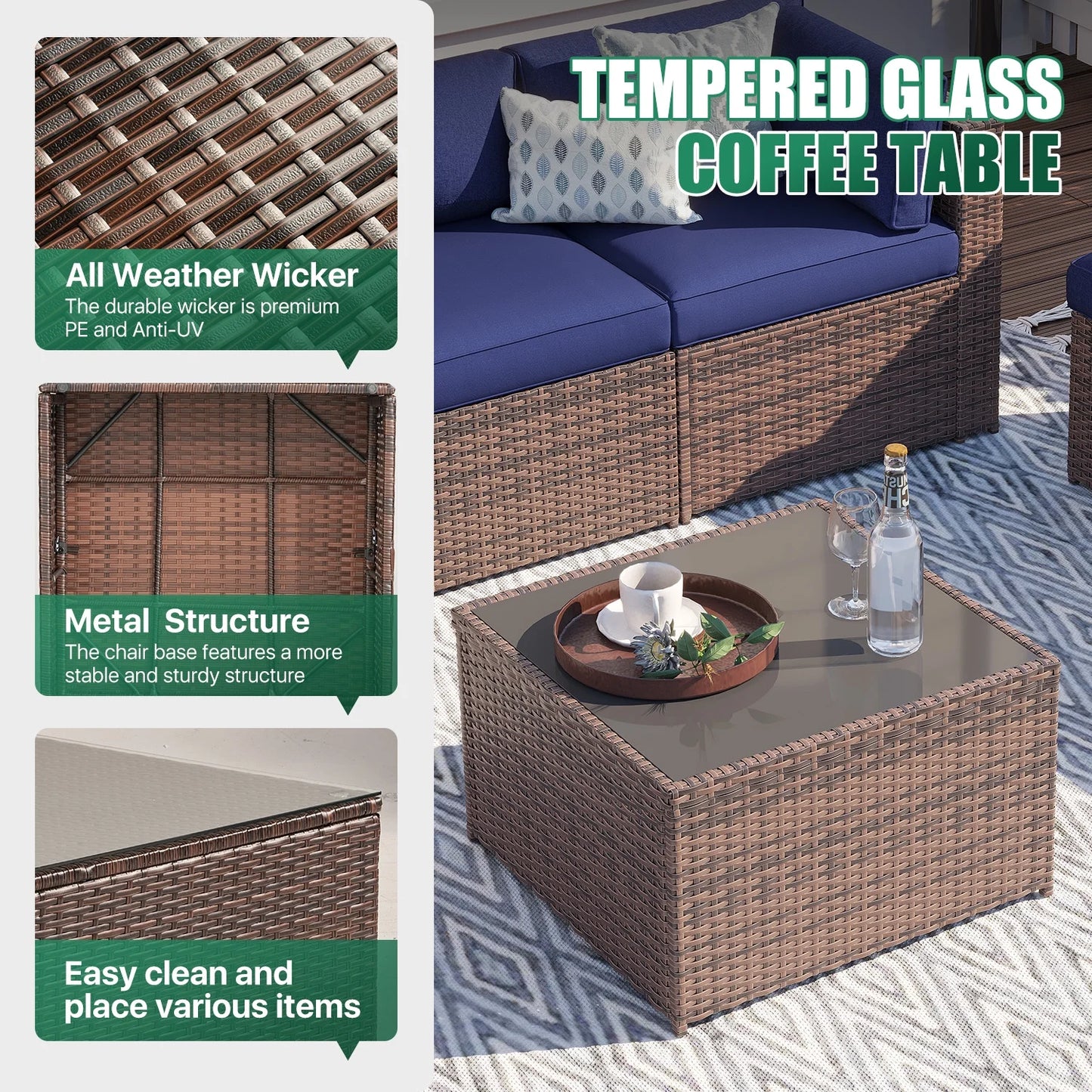 Clouddwell 14 Piece Patio Furniture Set Wicker Rattan Patio Conversation Set Outdoor Sectional Sofa Set with Coffee Table and Blue Cushions