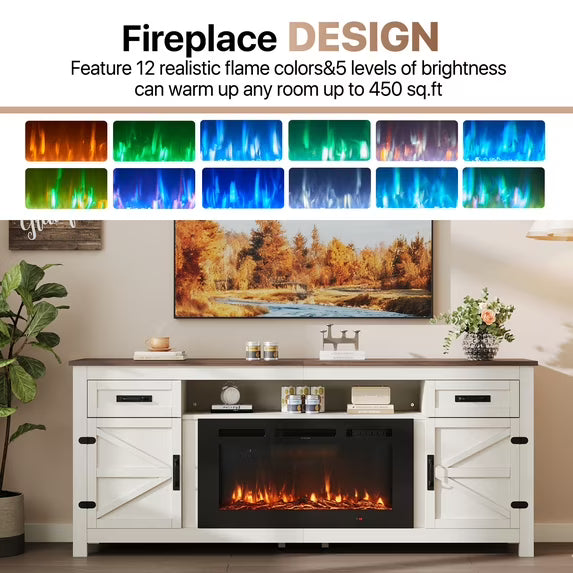 Sonegra 80" Fireplace TV Stand, Entertainment Center for TVs Up to 90”, TV Console with Storage Cabinets, Media Console for Living Room, White TV Stand and Black Fireplace, White