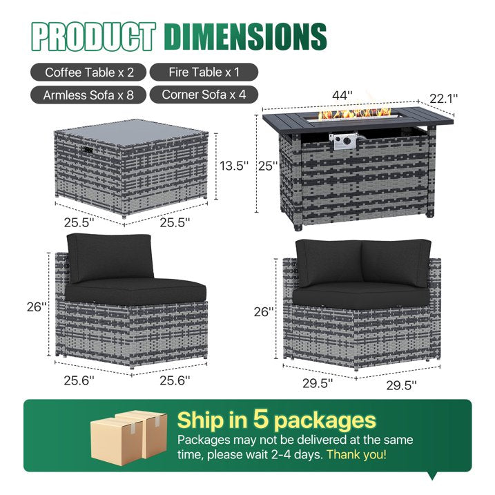 Clouddwell 15 Piece Patio Furniture Set with 44” Fire Pit Table Wicker Rattan Patio Conversation Set Outdoor Sectional Sofa Set with Coffee Table and Black Cushions(Waterproof Cover Included)