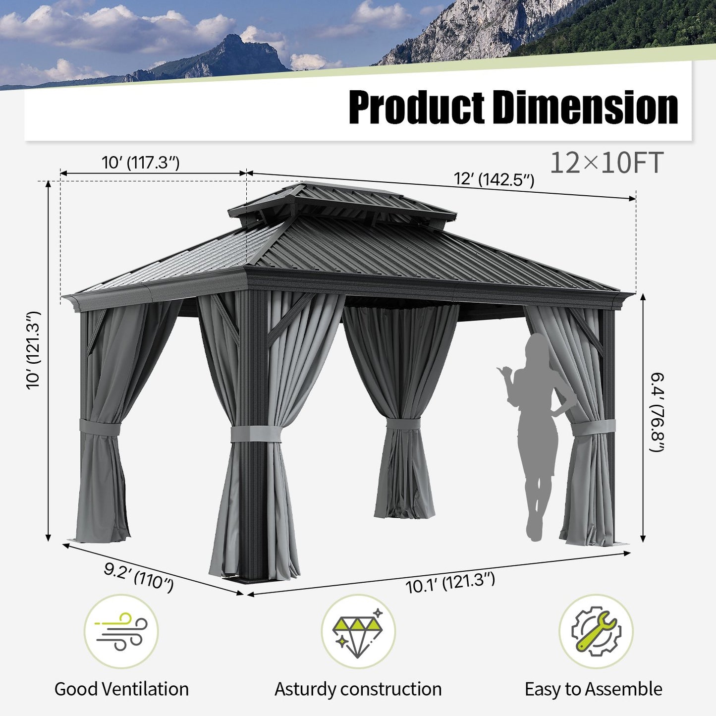 Clouddwell 10' x 12' Hardtop Gazebo with Double Roof, Aluminum Frame Outdoor Patio Gazebo with Netting & Curtains, Metal Roof Canopy with Built-in Drainage System