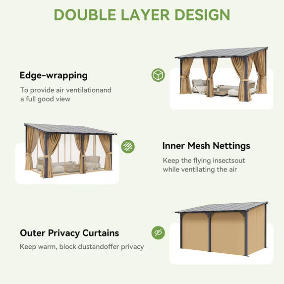 Dateyes 14‘x10’ Wall-Mounted Patio Gazebo with Durable Polycarbonate Roof, Full Bug Screens & Privacy Panels