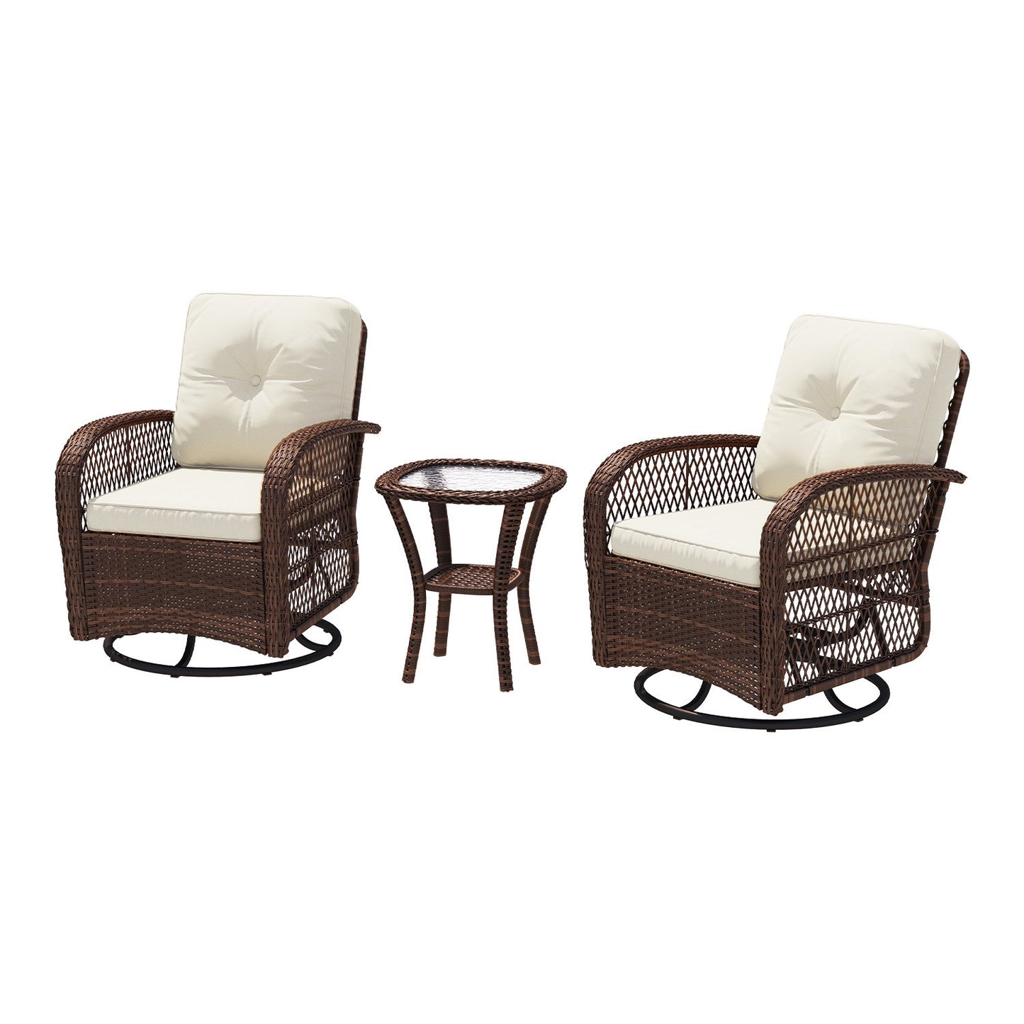 Sunmthink 3-Piece Patio Furniture Set with Swivel Rocking Chairs and Side Table, Thickened Cushions Outdoor Wicker Bistro for Porch Deck Backyard (White)