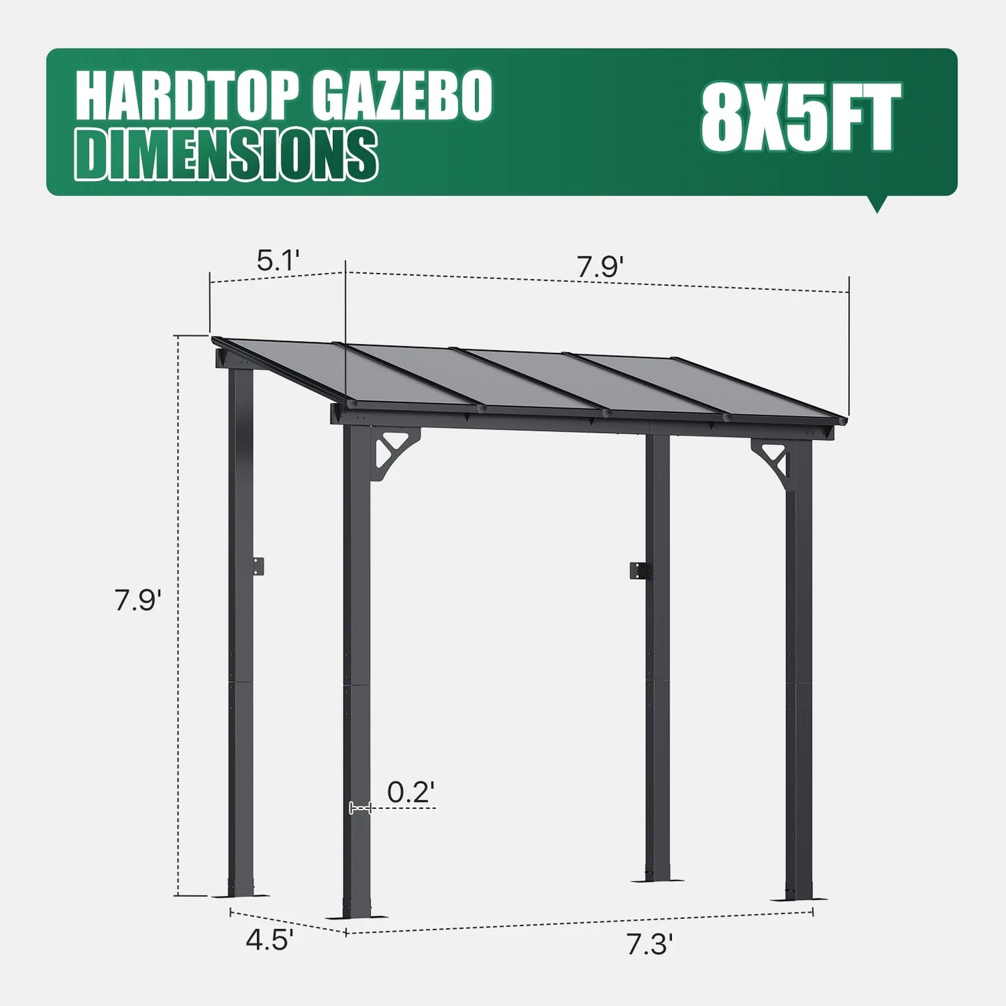 Clouddwell 8'x 5' Wall-Mounted Gazebo Pergola with Aluminum Top Frame & Polycarbonate Panel, Large Heavy-Duty Awnings for Backyard Black