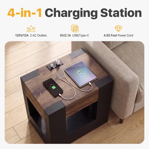 Sonergra Farmhouse End Table with Charging Station, 23” Modern Nightstand Side Table with Drawer and Open Storage, Wood Accent Sofa Side Table for Bedroom Living Room,Black
