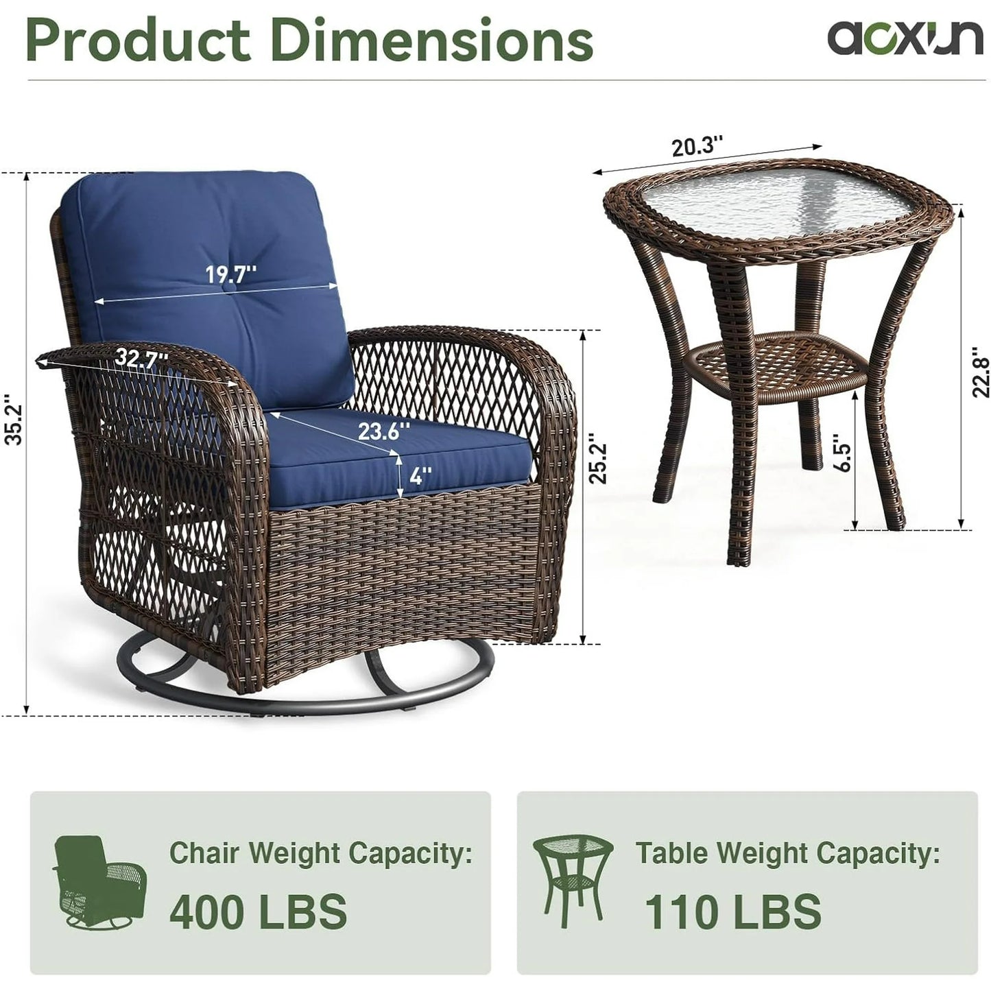 Aoxun 3 Pieces Patio Furniture Set, Patio Swivel Rocker Chairs Set of 2, Wicker Outdoor Bistro Set with Rocking Chair, Thickened Cushions and Table for Porch (Blue)