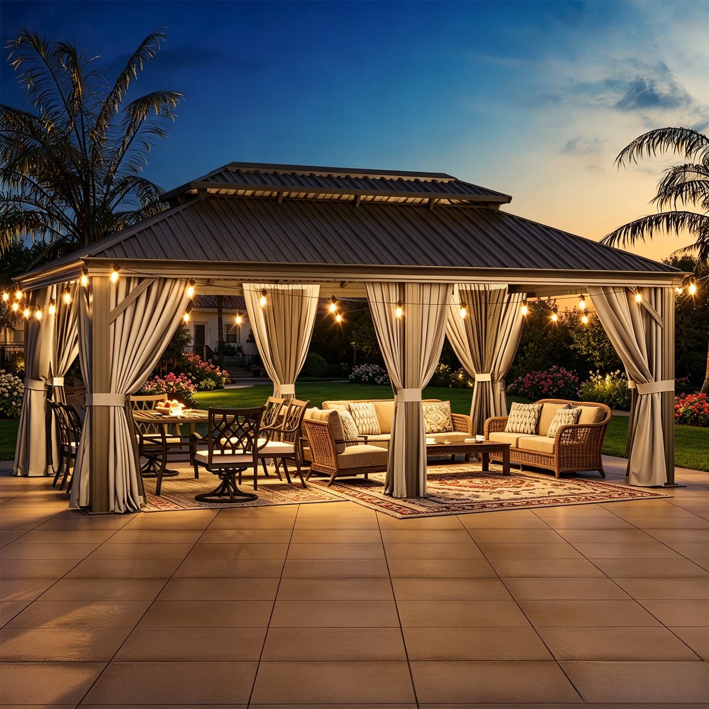 Clouddwell 12' x 20' Hardtop Gazebo with Double Roof, Aluminum Frame Outdoor Patio Gazebo with Netting & Curtains, Metal Roof Canopy with Built-in Drainage System