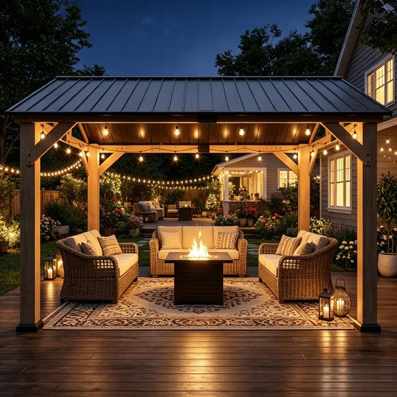 Clouddwell 10' x 12' Wood Gazebo with Hardtop Metal Roof, Outdoor Patio Gazebo for Backyard, Deck, Lawn & Poolside