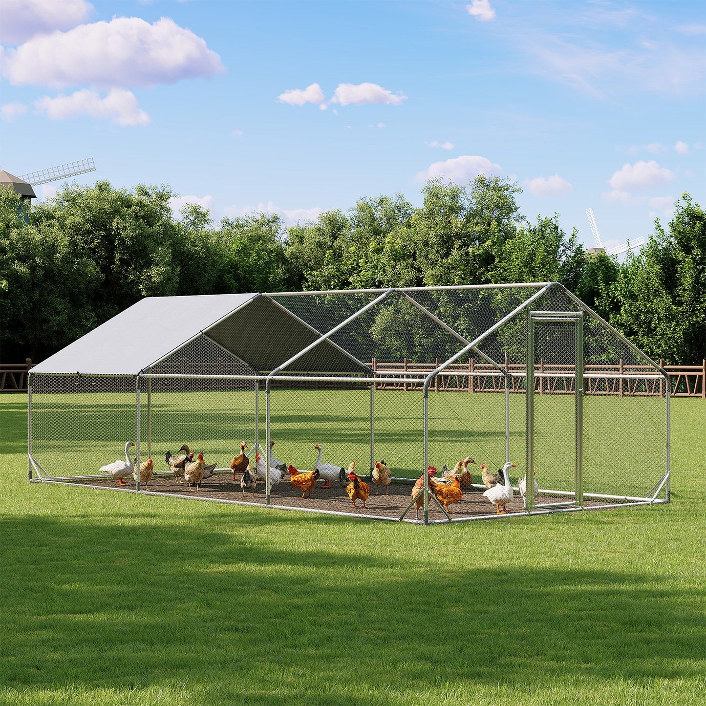 Clouddwell Large Metal Chicken Coop Duck House with Waterproof Spire Roof, Outdoor Poultry Walk-in Run Cage - 9.8' L x 19.7' W x 6.4' H