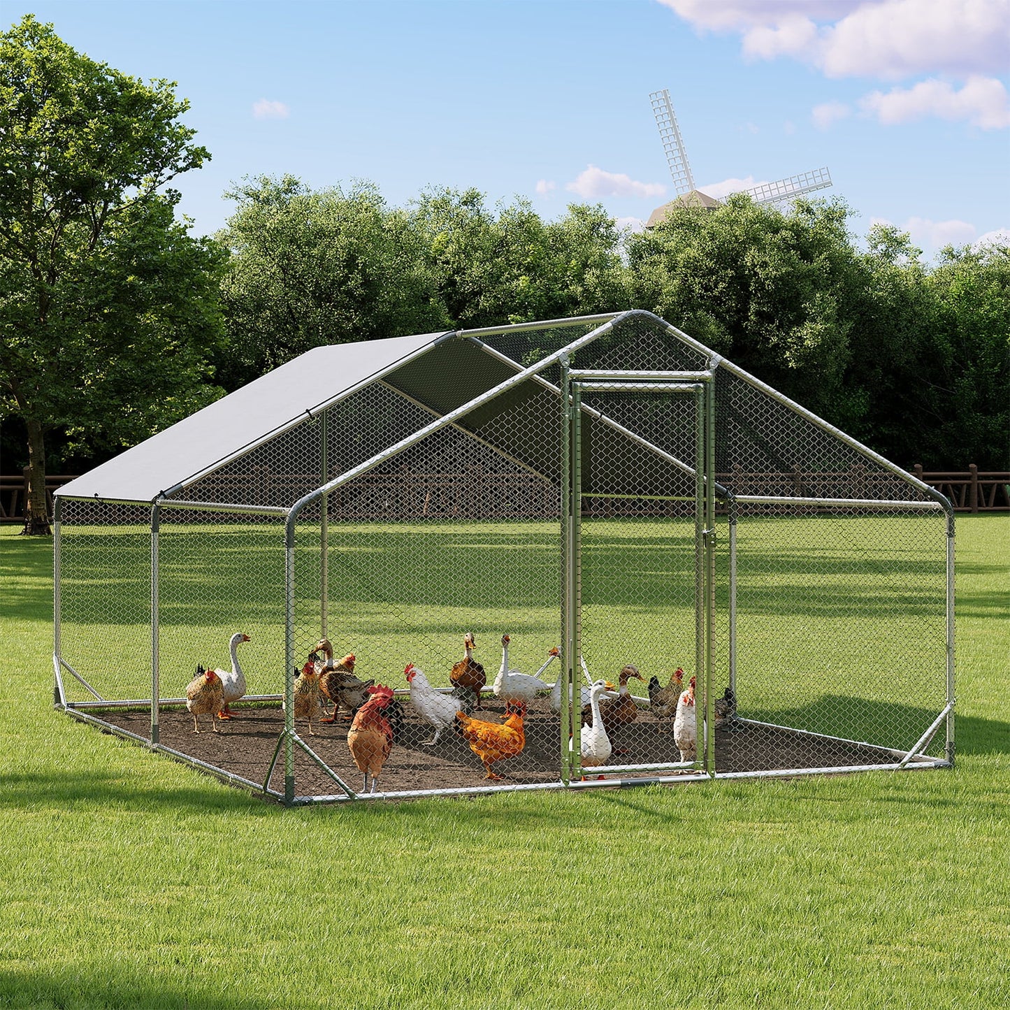 Clouddwell 128 Sq Ft Large Walk-In Chicken Coop with Waterproof Spire Roof - Heavy-Duty Metal Outdoor Poultry Run & Duck House for 10-15 Chickens