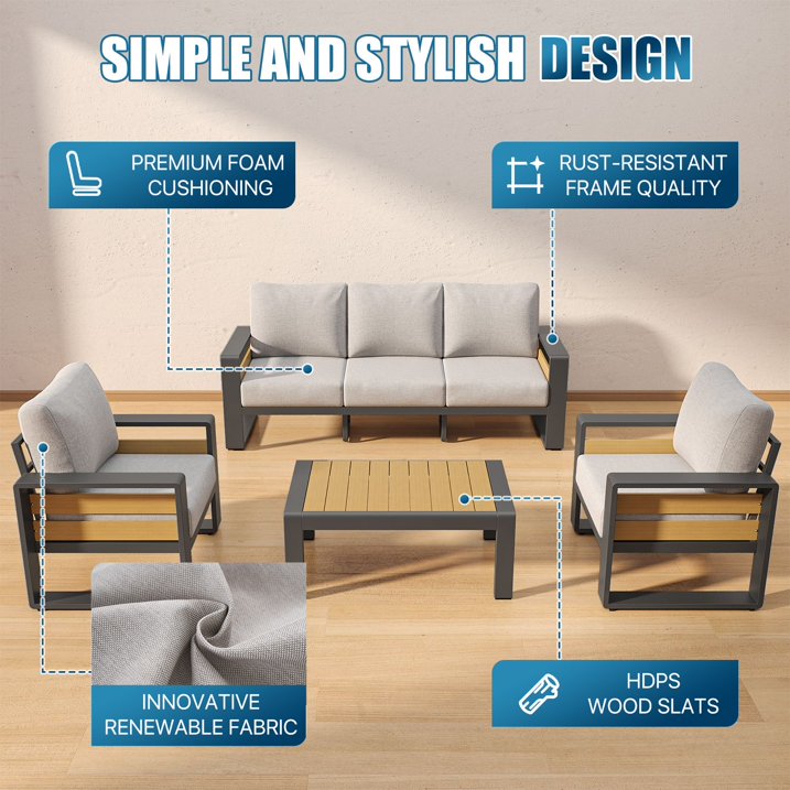 Clouddwell 7-Seats Aluminum Patio Furniture Set, Outdoor Metal Sofa Conversation Set with Coffee Table for Pool Garden Porch Backyard, Light Gray