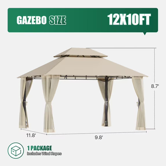 LazySunsets 12'x 10' Patio Gazebo Double Roof Protection All-Weather Outdoor Shelter Features Insect Screens for Backyard, Lawn, (Beige)