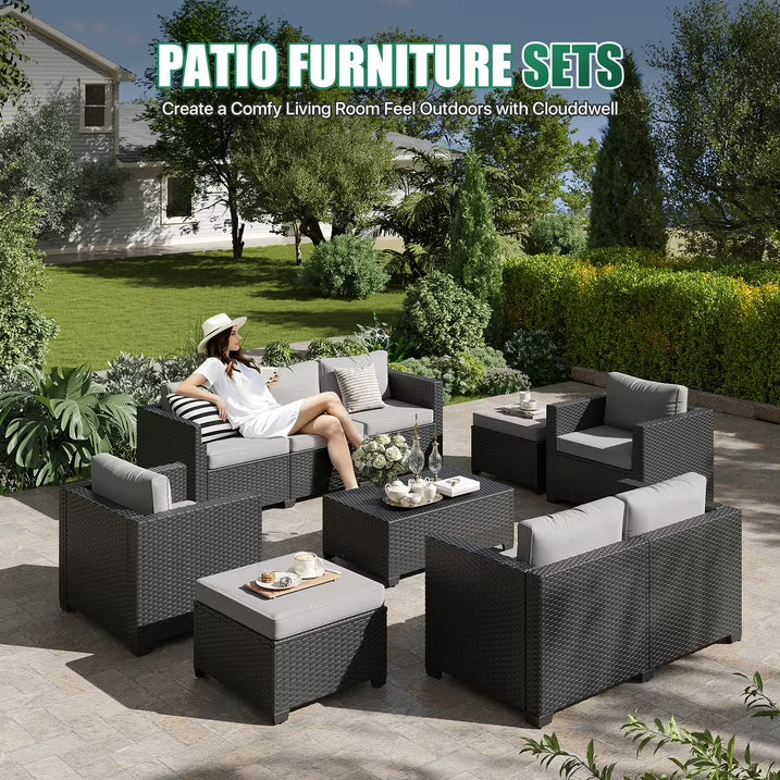 Clouddwell 9 Seats Patio Furniture Set with Storage Coffee Table, All Weather Wicker Outdoor Sectional With Thickened Cushion and Waterproof Cover, Gray