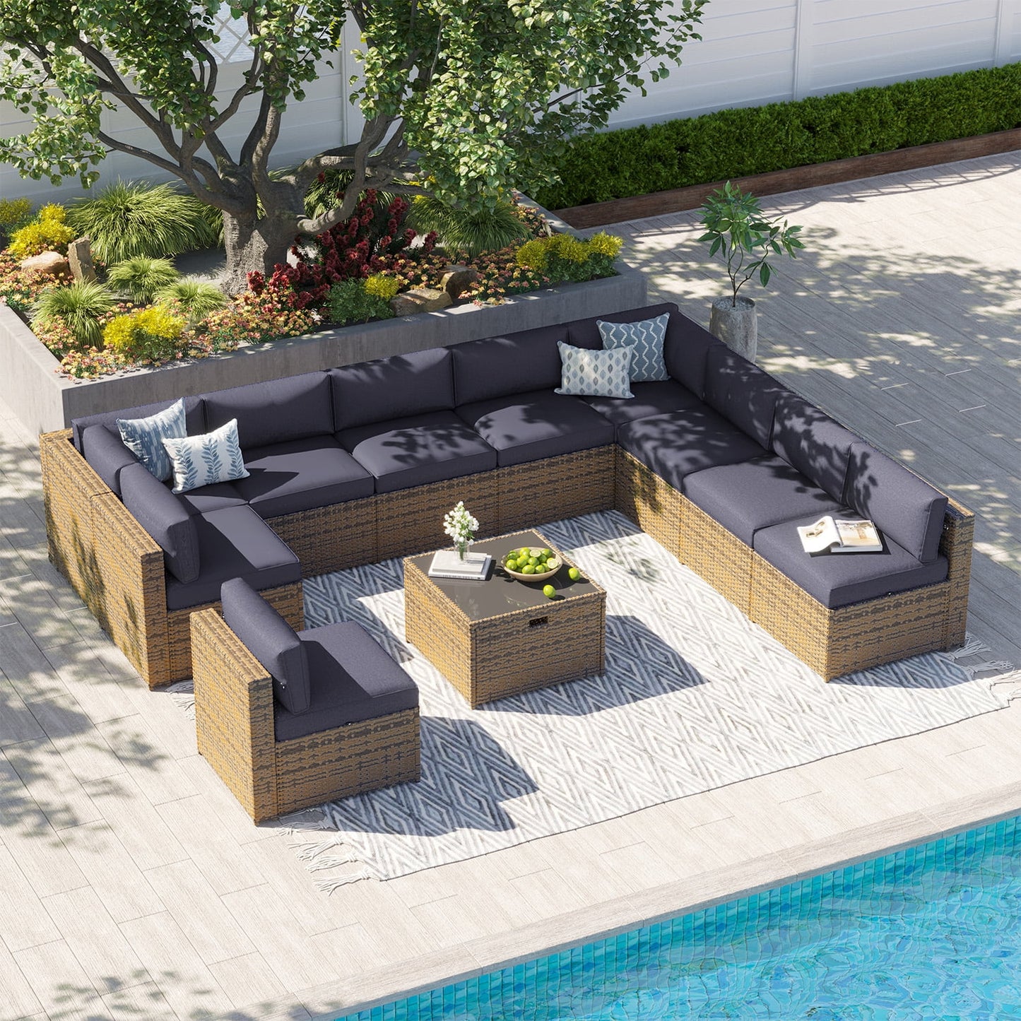Clouddwell 11 Piece Patio Furniture Set Wicker Rattan Patio Conversation Set Outdoor Sectional Sofa Set with Coffee Table and Gray Cushions(Waterproof Cover Included)