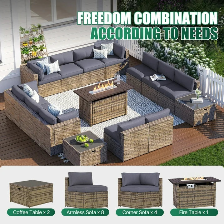 Clouddwell 15 Piece Patio Furniture Set with 44” Fire Pit Table Wicker Rattan Patio Conversation Set Outdoor Sectional Sofa Set with Coffee Table and Gray Cushions(Waterproof Cover Included)