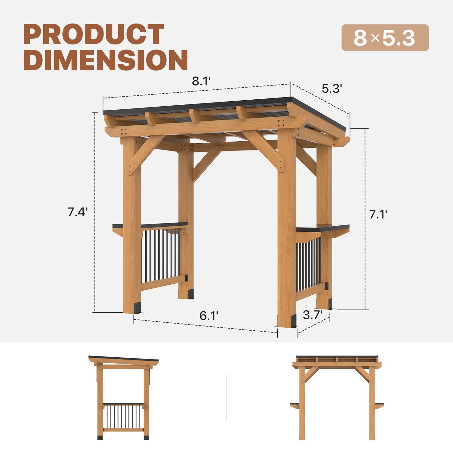 Sumnthink 5' x 8' Cedar Wood Grill Gazebo, Outdoor BBQ Shelter with Galvanized Steel Roof, Double Side Shelves for Backyard Patio