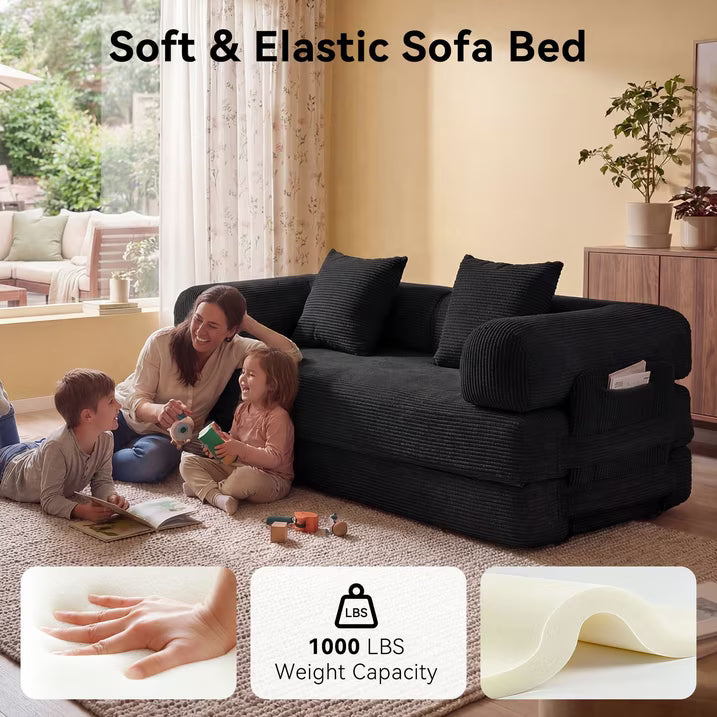 LazySunsets Sofa Bed Convertible Boneless Couch Corduroy Modular Couch Bed with Fixed-Shape Frame & Removable Armrests for Living Room, Bedroom Black