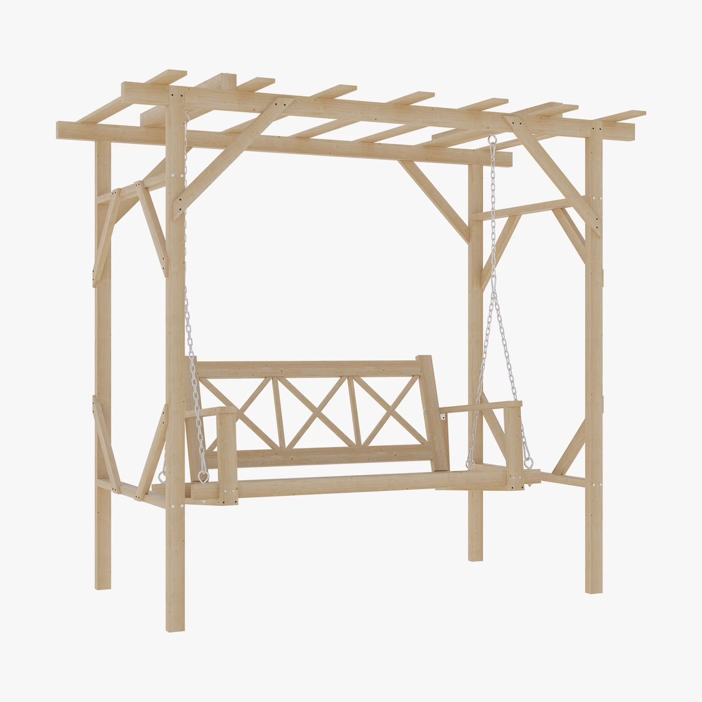 Clouddwell Natural Cedar Wood 3-Seat Pergola Swing Bench with Canopy & Stand Patio Hammock Swing Set with Metal Chains for Backyard, Garden, Porch