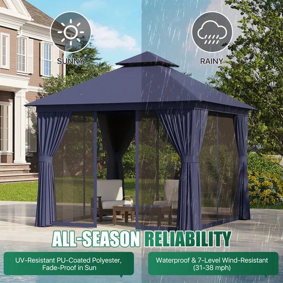 Clouddwell 10'x 10' Patio Gazebo Double Roof Protection All-Weather Outdoor Shelter Features Insect Screens & Privacy Curtains Ideal for Backyard, Lawn, (Blue)
