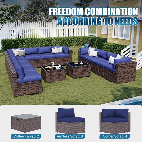 Sunmthink Patio Furniture Sets, 14-Piece Outdoor Patio Furniture with Thick Cushions, Wicker Outdoor Conversation Set and Waterproof Cover for Backyard, Poolside, Garden
