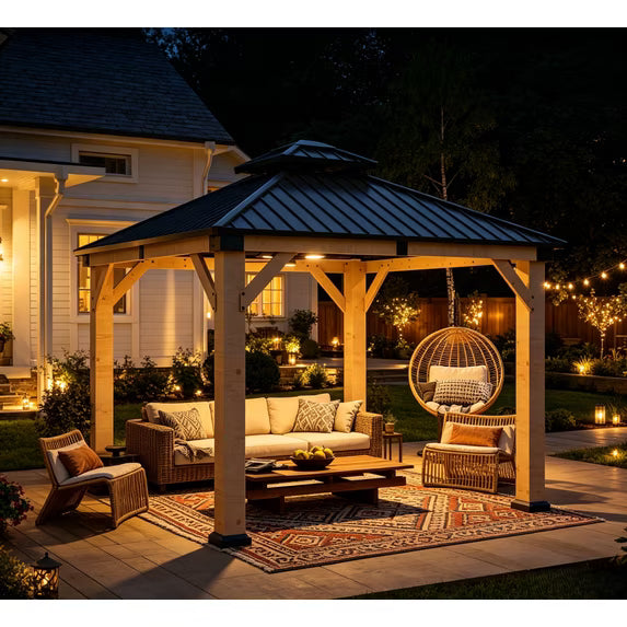 Sunmthink 10'x10' Outdoor Hardtop Gazebo, Cedar Wood Pavilion with Galvanized Steel Double Roof, for Patio, Garden, Deck