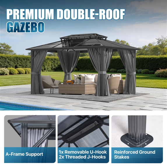 Sunmthink 12' x 14' Hardtop Gazebo,Polycarbonate Double Roof,Aluminum Frame with Curtains and Netting for Patio,Garden,Gray