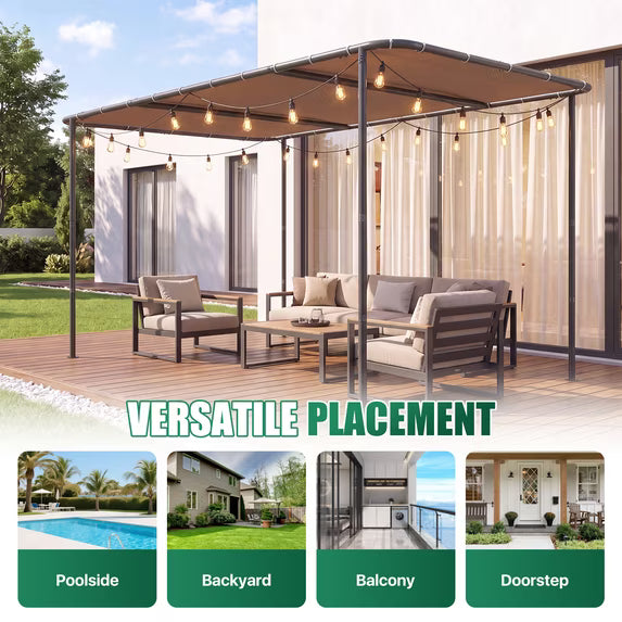 Clouddwell 10×10 FT Wall-Mounted Sloped Roof Outdoor Pergola Canopy, Water-Resistant & UV-Resistant Metal Patio Gazebo for Backyard Garden Porch in Khaki