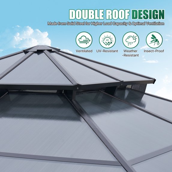 Clouddwell 10'x10' Hardtop Gazebo - Polycarbonate Double Roof with Netting & Curtains for Patio, Garden Sun Protection,Gray