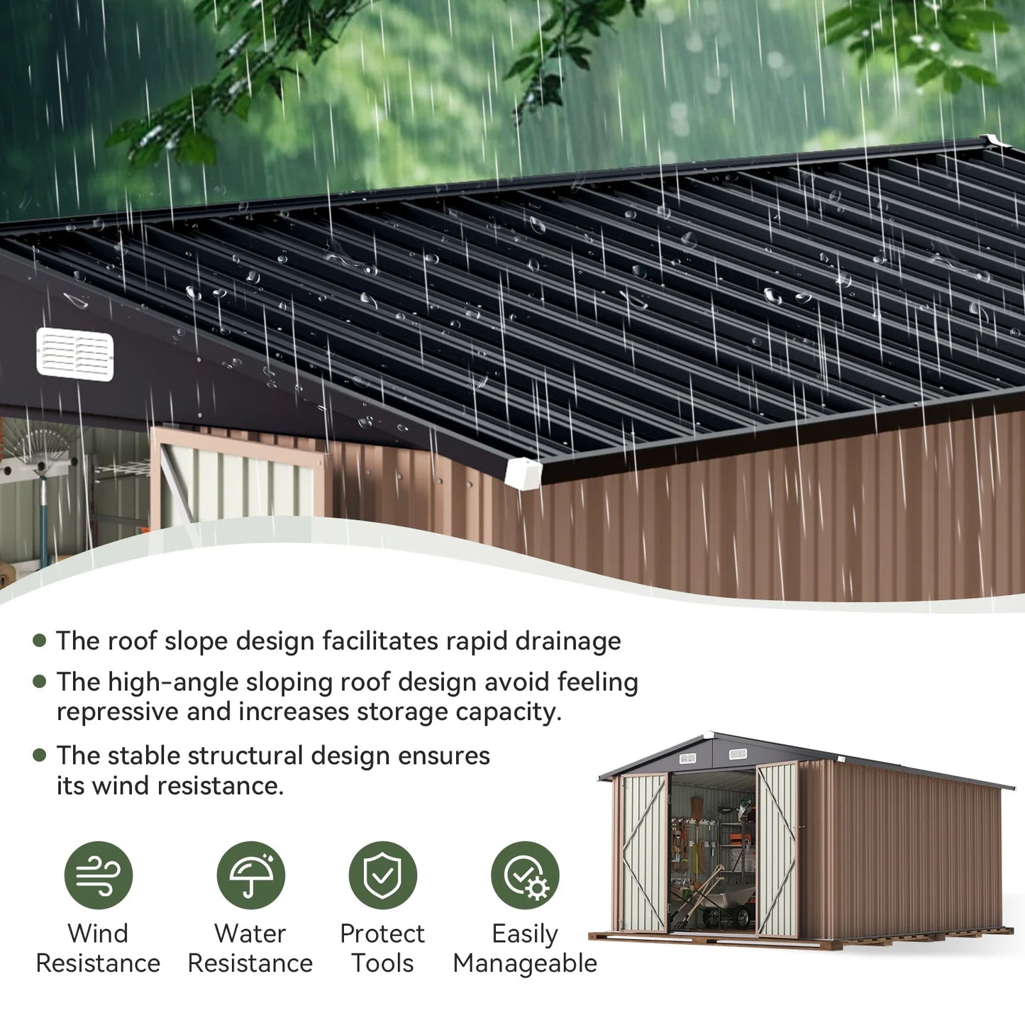 Aoxun 11.9x9.5 ft Outdoor Storage Shed, Galvanized Metal Shed with Lockable Door, Air Vents for Garden, Backyard, Brown