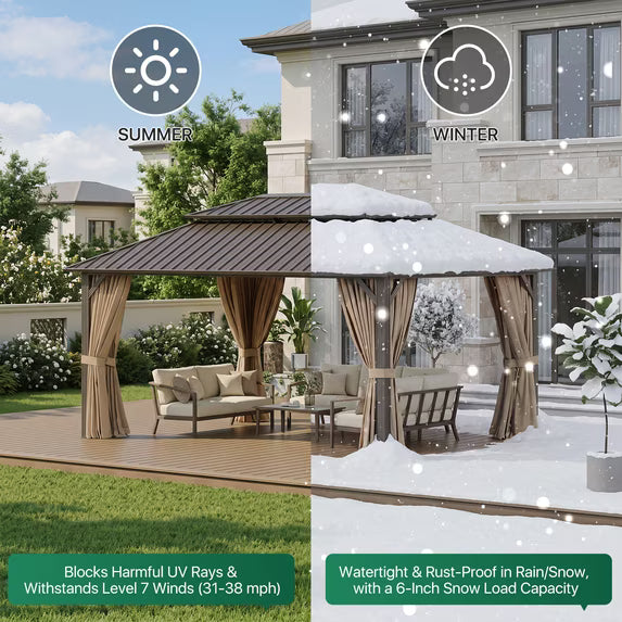 Dateyes 12x16 FT Outdoor Hardtop Gazebo, Aluminum Frame Gazebo with Removable Mesh Walls and Curtains for Patio, Lawns, Brown