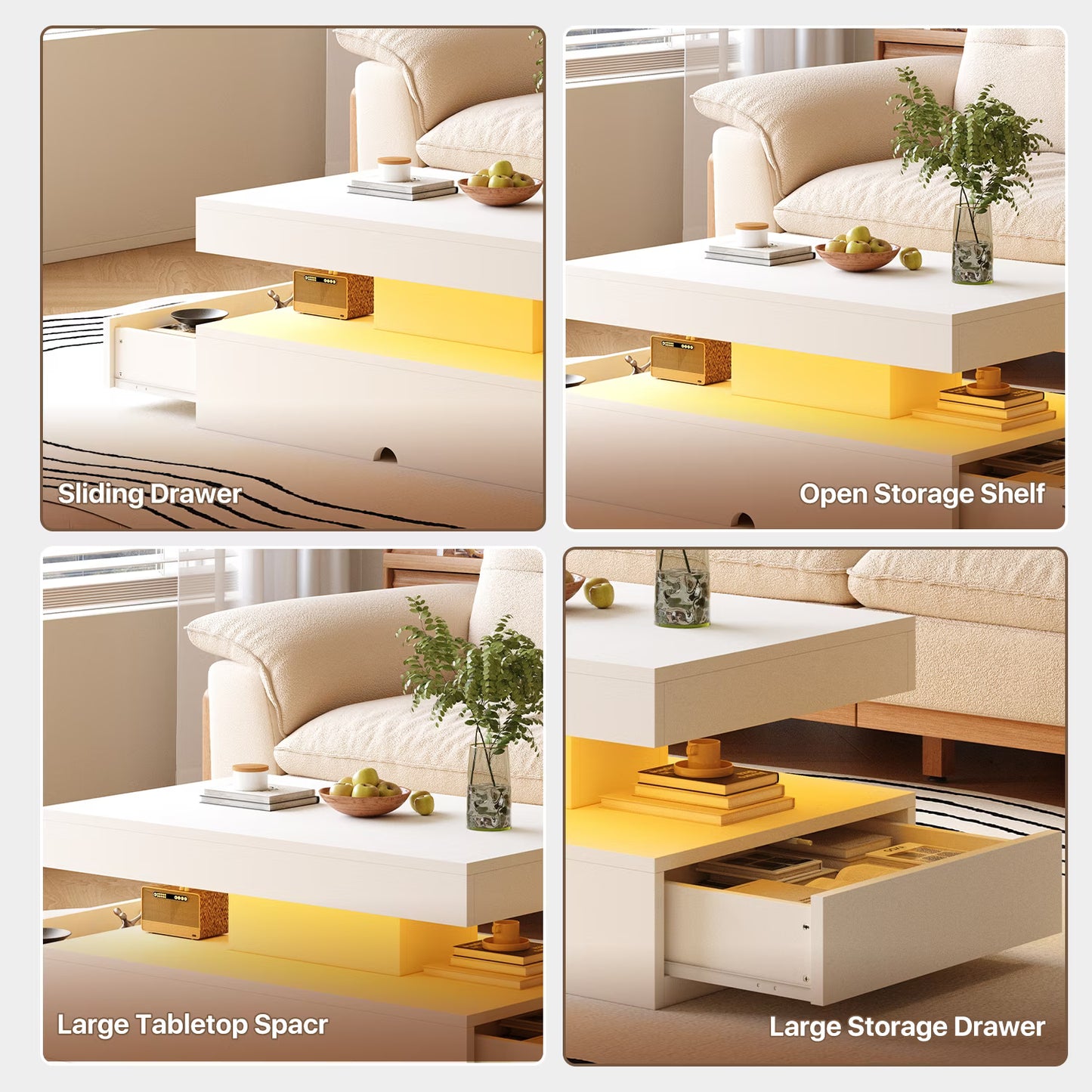 Sonegra 39" High-Glossy LED Coffee Table, Storage Coffee Table with 2 Sliding Drawers for Living Room, Modern Stylish Double-Layer Center Tables with LED Lights, White